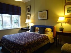 a bedroom with a blue bed with two lamps and two windows at Muddy Creek Cutting in Lauder