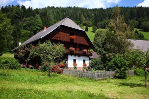 ein kleines Haus auf einem Feld mit Blumen darauf in der Unterkunft Bodnerhof in Arriach