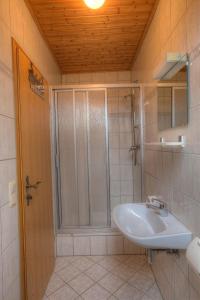 a bathroom with a sink and a shower at Ferienwohnungen Lindleshof in Leinach