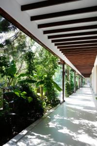 a walkway leading to a building with a wooden roof at The LifeCo Bodrum Well-Being Detox Center and Vegan Hotel in Golturkbuku