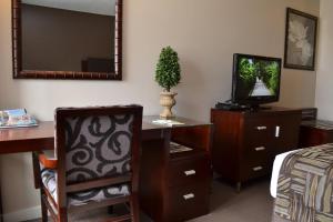 Schlafzimmer mit einem Schreibtisch, einem TV und einem Stuhl in der Unterkunft Madison Plaza Townsville in Townsville