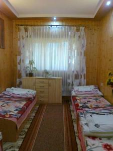 1 Schlafzimmer mit 2 Betten und einem Fenster mit Vorhängen in der Unterkunft Apartamenty w Karkonoszach in Miłków