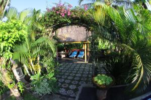 a garden with palm trees and plants on a patio at Villa Gede Private Guest House in Selemadeg