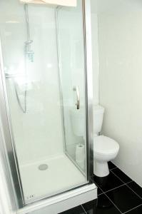 a bathroom with a shower and a toilet at The Covenanter Hotel in Falkland