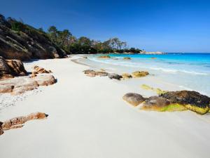 a beach with rocks in the sand and the ocean at Residence ACQUA LINDA Porticcio in Porticcio