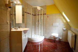 a bathroom with a shower and a sink and a toilet at Hotel Zum Kanzler in Stolberg