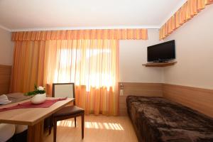 a bedroom with a bed and a desk and a television at Jennys Huamatl in Serfaus