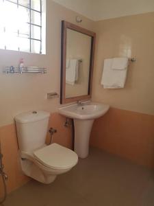 a bathroom with a toilet and a sink and a mirror at Aakriti NS71 in Bhopal