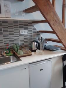 eine Küche mit einer weißen Arbeitsplatte und einem Waschbecken in der Unterkunft Green Panda Apartments in Budapest