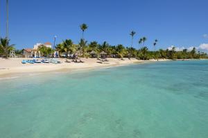 a beach with chairs and palm trees and the ocean at 2BR 2BA Beachfront With View 71 in Bayahibe