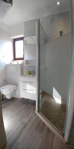 a bathroom with a glass shower and a toilet at Accommodation Maria Di, Free Parking, Sea View in Dubrovnik