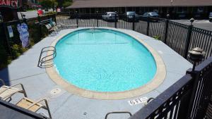 a large swimming pool with two chairs and a fence at Muir Lodge Motel in Martinez