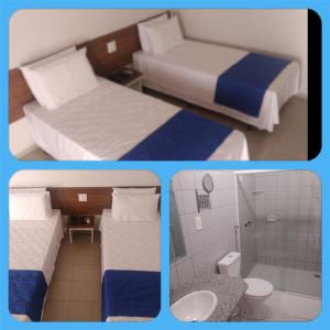 three pictures of a hotel room with two beds and a bathroom at Hotel Porto do Sol in Caetité