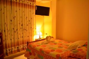 a bedroom with a bed with a lamp and a curtain at Rosenverg House Lima Airport in Lima