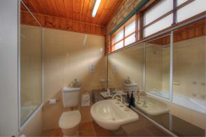 a bathroom with a sink and a toilet and a mirror at Stanley Village Waterfront Accommodation in Stanley
