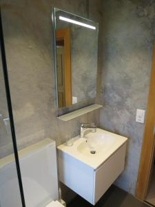 a bathroom with a sink and a mirror at Chli Alpa A1 in Arosa