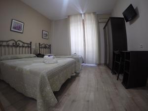 a bedroom with two beds and a flat screen tv at Hostal El Pilar in Madrid