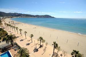 a view of a beach with palm trees and the ocean at Hotel Monterrey Roses by Pierre & Vacances in Roses +103 photos