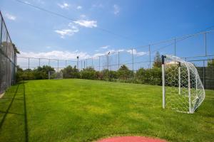 a soccer field with a fence and a goal at Villa Mary in Pigi