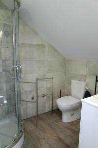 een badkamer met een toilet en een douche bij Lisbon Beach Apartments 5 in Costa da Caparica