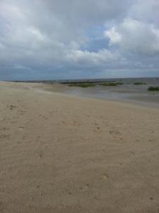 een leeg strand met de oceaan op de achtergrond bij Ferienwohnung Weiser in Cuxhaven