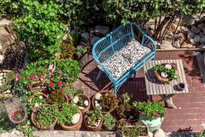 a blue bench sitting next to a bunch of potted plants at Beachfront Apartment Mala Tereza in Split