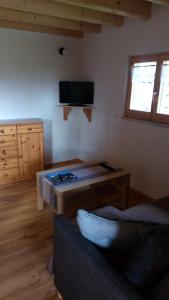 ein Wohnzimmer mit einem Sofa und einem Flachbild-TV in der Unterkunft Ferienhäuschen Blessberg in Schalkau