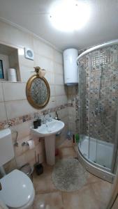 La salle de bains est pourvue d'un lavabo, d'une douche et de toilettes. dans l'établissement Bella Vista Zmukic, à Perast