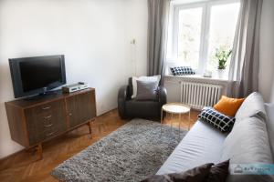 ein Wohnzimmer mit einem Sofa und einem TV in der Unterkunft Warsaw Concierge Bracka Retro flat in Warschau