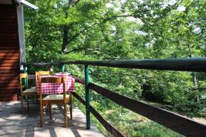 a table and chairs on a porch with trees at Planinska vikendica LUCIJA in Fužine