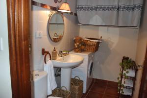 a small bathroom with a sink and a mirror at Amets etxalde in Santecilla