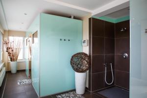 łazienka z prysznicem i szklanymi drzwiami w obiekcie Hotel Salzburg w mieście Salzburg