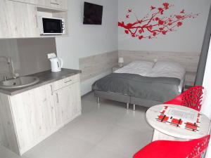 um pequeno quarto com uma cama, uma mesa e um lavatório. em Apartamenty Wilczyca em Wilczyn