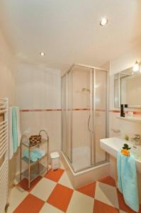 ein Bad mit einer Dusche und einem Waschbecken in der Unterkunft Haus Birgit in Pettneu am Arlberg