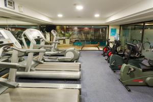a gym with a bunch of cardio equipment in it at Hotel Plaza San Francisco in Santiago