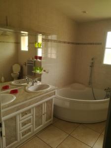 ein Badezimmer mit einer Badewanne, 2 Waschbecken und einer Badewanne in der Unterkunft Gîte du vignoble Sidky in Lussac