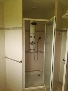 a shower with a glass door in a bathroom at Gîte du vignoble Sidky in Lussac