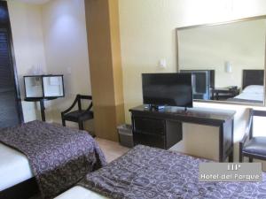 Habitación de hotel con 2 camas y espejo en Hotel Del Parque en Guadalajara