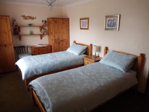 1 dormitorio con 2 camas, vestidor y estanterías en 16 Mounthooly Street en Lerwick