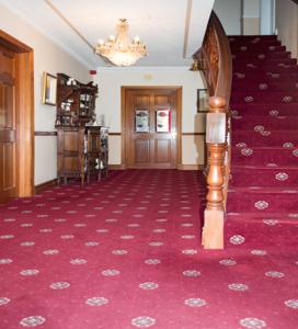 a hallway with a red carpet and stairs with a chandelier at Balcony House in Galway