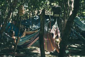 two people sitting in hammocks in the trees at Lagarto Na Banana Hostel in Pipa