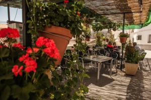 un patio con flores rojas, mesas y sillas en Hostal Soledao en Los Baños