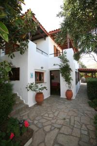a white building with two potted plants in a courtyard at Anemoesa in Batsi