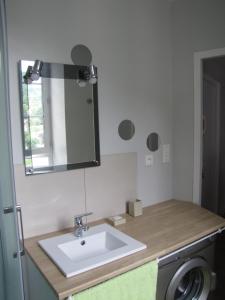 lavabo con espejo y lavadora en Appartement de charme à la montagne, en Ax-les-Thermes