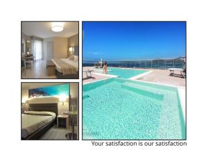 a collage of three pictures of a swimming pool at Alma di Alghero Hotel in Alghero