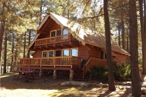 a log cabin in the woods with a picnic table in front at Arizona Mountain Inn & Cabins in Flagstaff