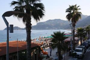 a view of a beach with palm trees and people at Patrancarro Home - Letojanni Taormina in Letojanni