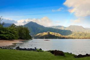 a view of a lake with mountains in the background at 1 Hotel Hanalei Bay in Princeville
