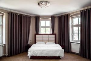1 dormitorio con cama, ventanas y lámpara de araña en Hotel MUSE, en Sankt Pölten