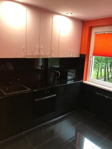 a kitchen with black and white cabinets and a window at Trumpalaikė buto nuoma Rokiškyje su jacuzzi in Rokiškis